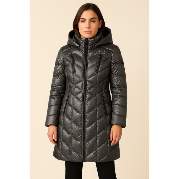 Calvin Klein Women’s L Metallic Silver Hooded Packable Down Puffer Coat Jacket - Picture 1 of 12